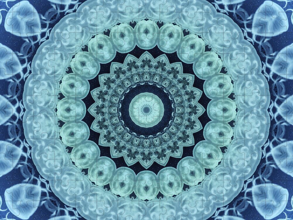 Jellyfish Jigsaw Puzzle featuring the mixed media Jellyfish Mandala Kaleidoscope Medallion Flower by Mercury McCutcheon