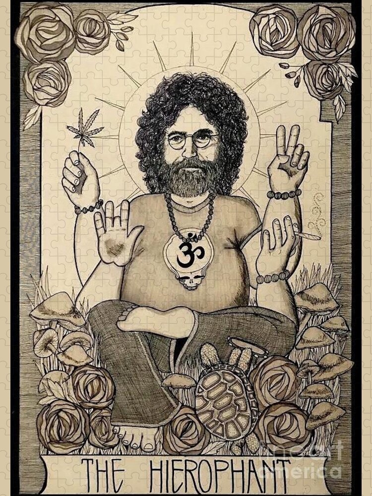 Jerry Garcia Jigsaw Puzzle featuring the drawing Jerry Garcia the Heirophant tarot card by Kathy Zyduck
