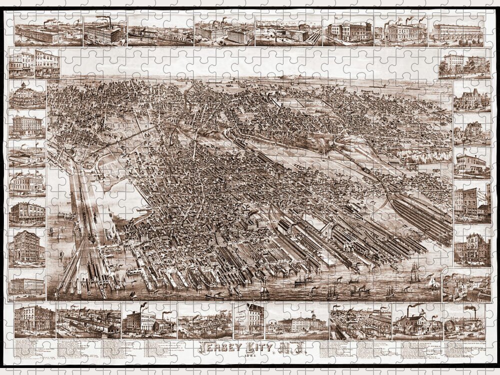 Jersey City Jigsaw Puzzle featuring the photograph Jersey City New Jersey Vintage Map Birds Eye View 1883 Sepia by Carol Japp
