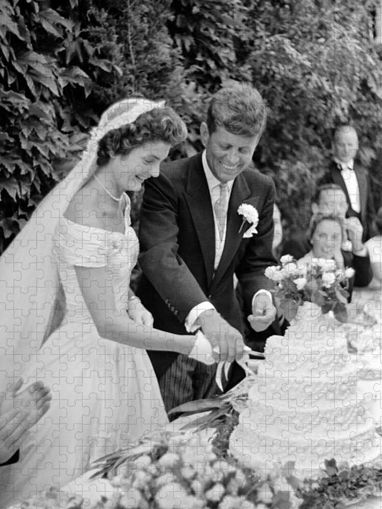 Jfk Jigsaw Puzzle featuring the photograph John and Jackie Kennedy Cutting Their Wedding Cake - 1953 by War Is Hell Store