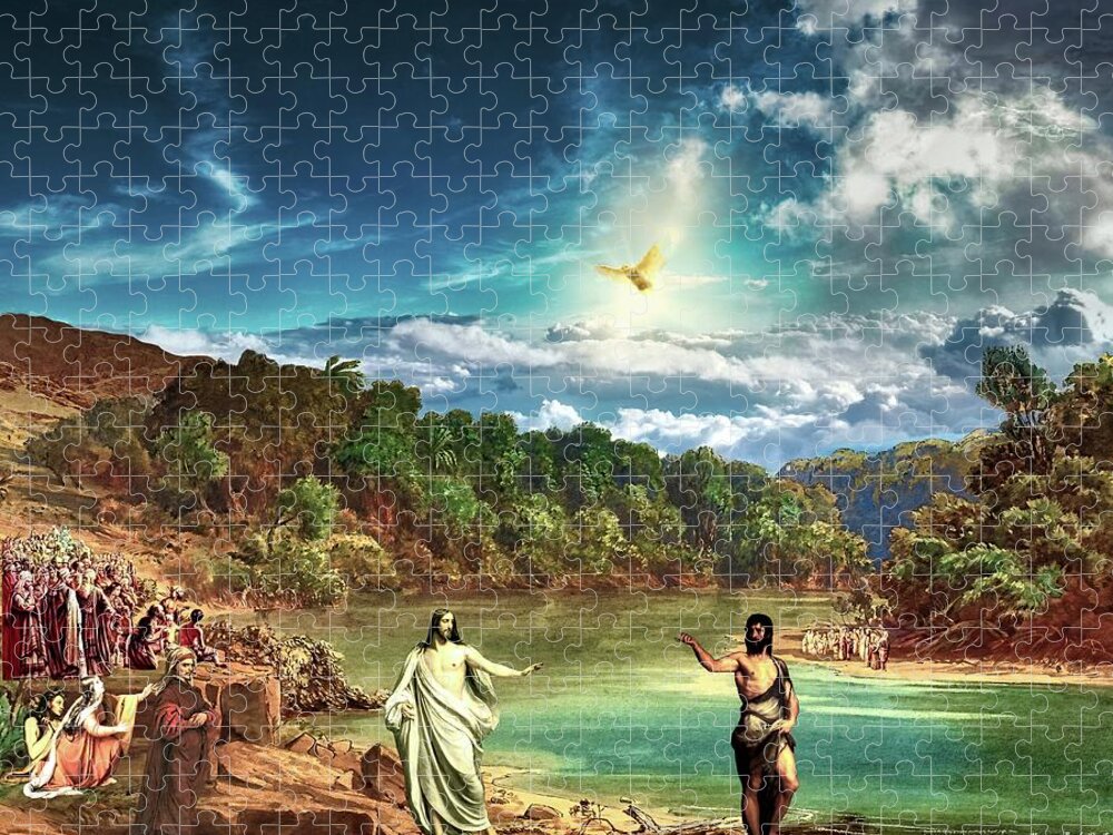 Baptism Jigsaw Puzzle featuring the digital art John Baptizes Jesus by Norman Brule