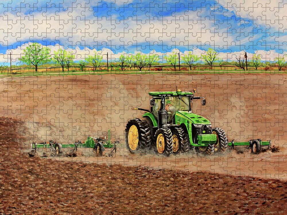 Farming Jigsaw Puzzle featuring the painting John Deere 8345R Tractor Pulling a Cultivator by Karl Wagner
