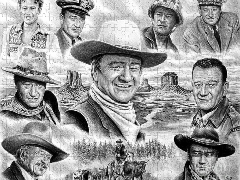 John Wayne Jigsaw Puzzle featuring the drawing John Wayne collage by Andrew Read