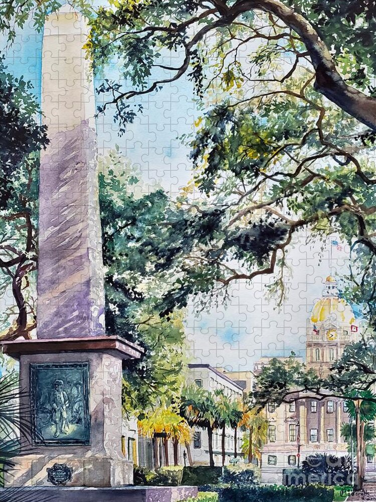 Georgia Jigsaw Puzzle featuring the painting Johnson Square, Savannah GA by Merana Cadorette