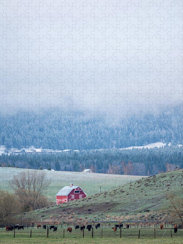 Outdoor; Farm Lands; Red Barn; Barn; Snow Storm; Spring; Ranch; Valley; Joseph; Crow Creek Road; Oregon Beauty Jigsaw Puzzle featuring the digital art Joseph valley view from Crow Creek Road by Michael Lee
