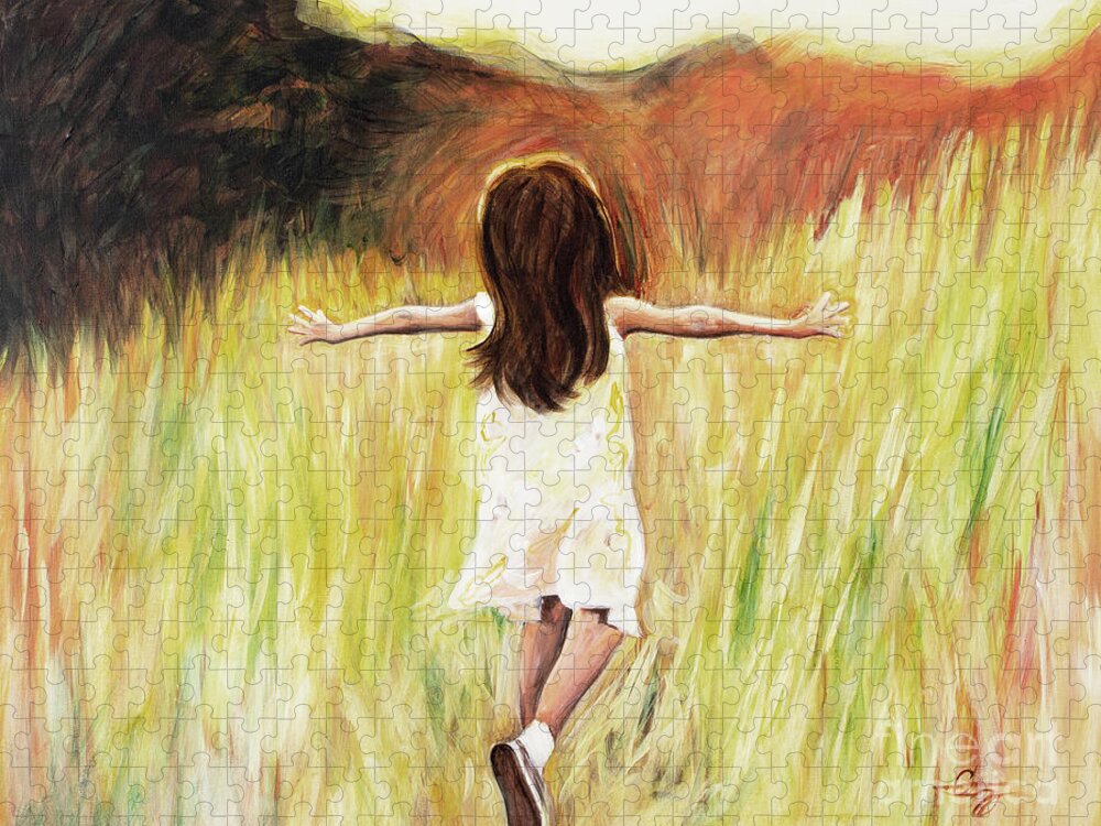 Joy Girl Running Field Sunshine Happy Joyful Peaceful Daughter Free Jigsaw Puzzle featuring the painting Joy by Pamela Schwartz