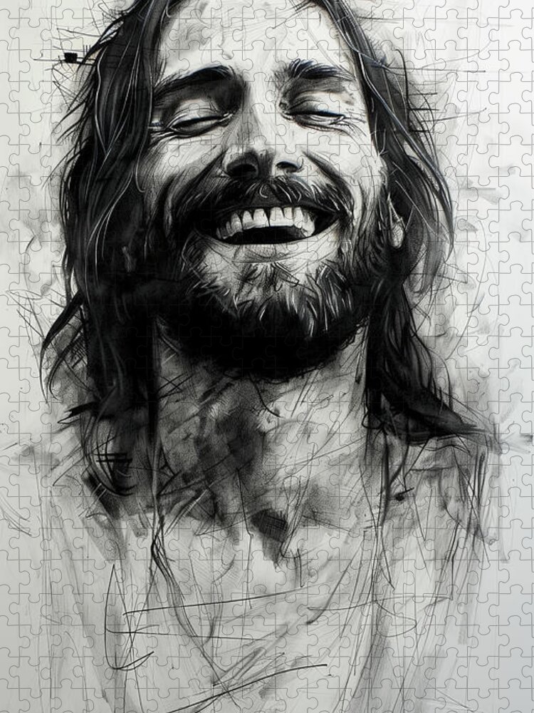 Jesus Jigsaw Puzzle featuring the digital art Joyful Redemption Ink Portrait of Smiling Jesus by Kingai