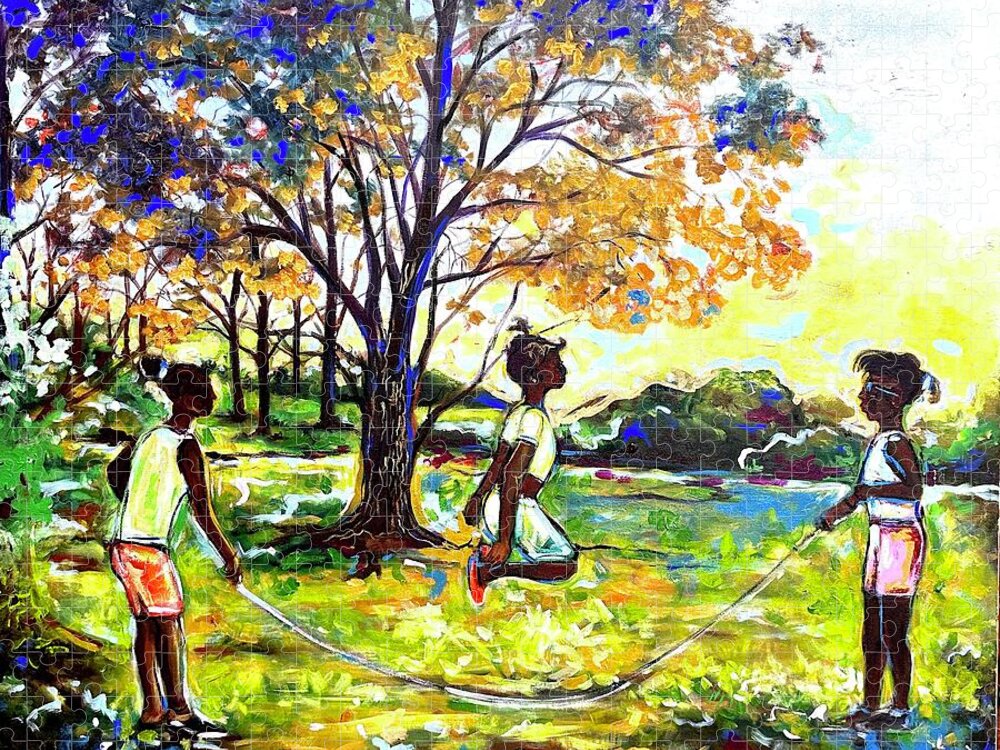 African-american Art Of Little Girls Jigsaw Puzzle featuring the painting Jump Rope by Emery Franklin