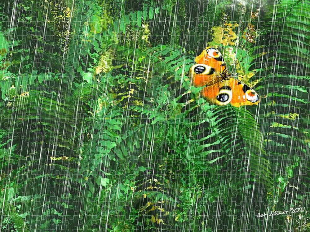 Digital Abstract Jungal Butterfly Rain Woods Ferns Jigsaw Puzzle featuring the digital art Jungle Rain by Bob Shimer