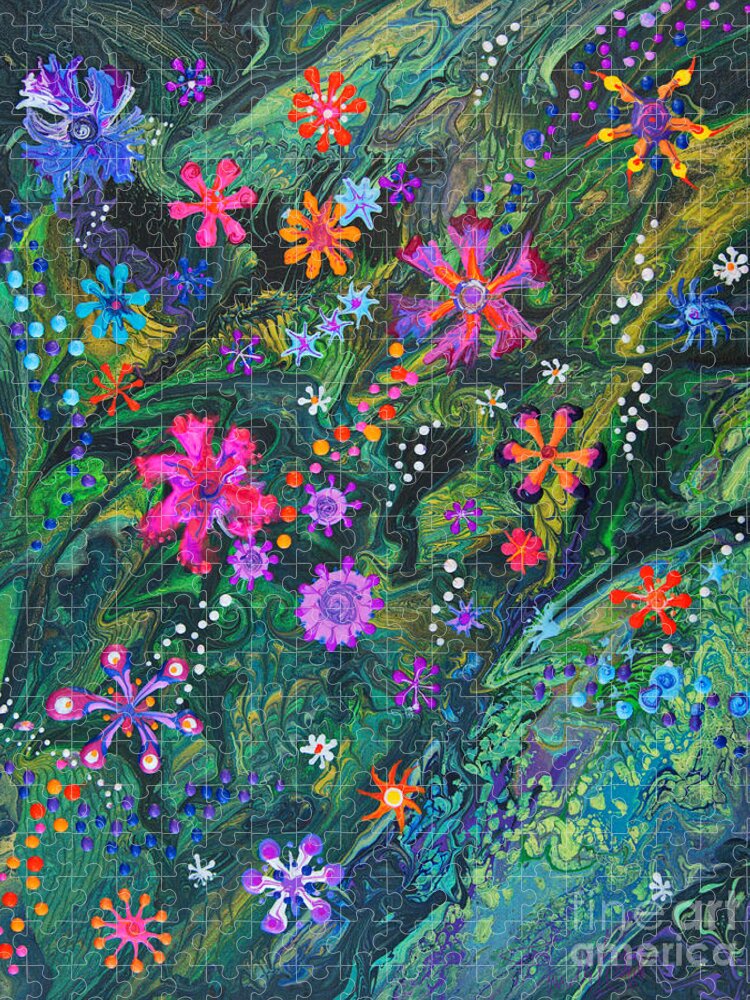 Flowers Floral Lush Tropical Organic Colorful Vibrant Dramatic Fun Jigsaw Puzzle featuring the painting Jungle Seduction 7022 B by Priscilla Batzell Expressionist Art Studio Gallery