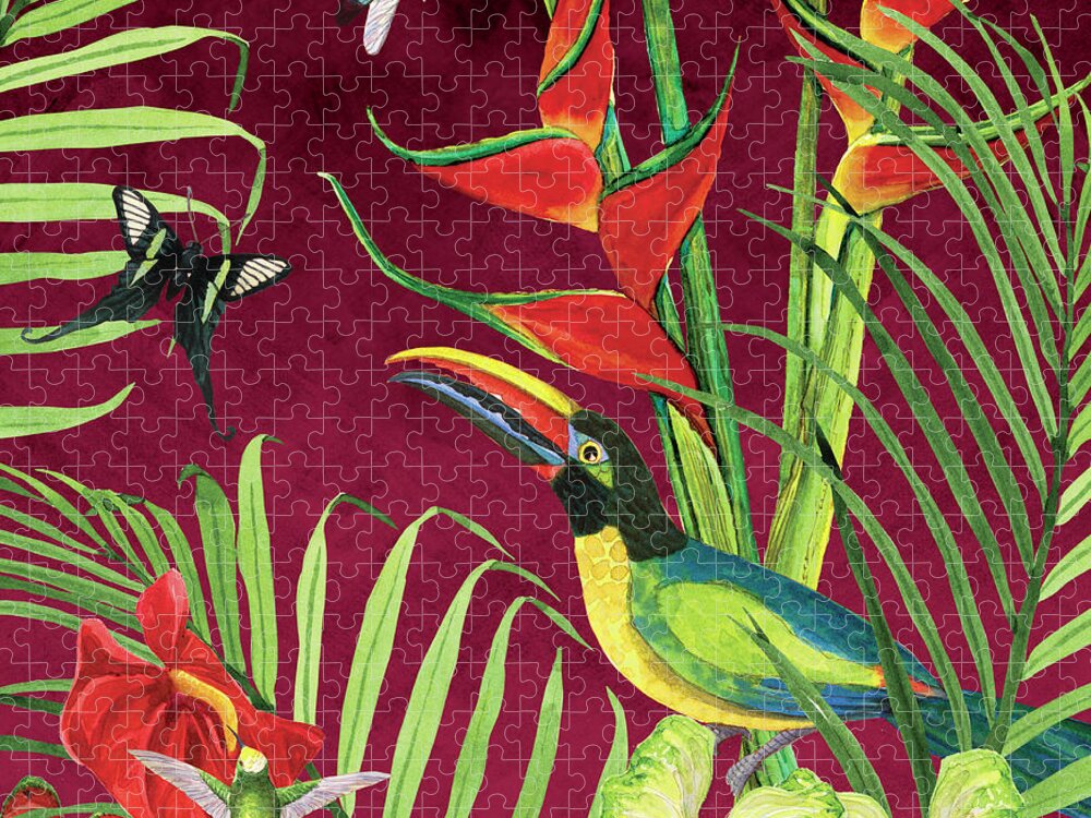 Toucan Jigsaw Puzzle featuring the painting Jungle Toucan Floral with Butterfly, Dragonfly and Hummingbird by Audrey Jeanne Roberts