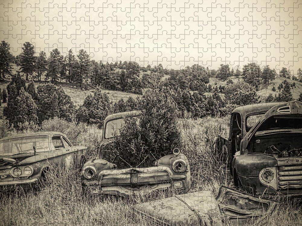 Junked Trucks Jigsaw Puzzle featuring the photograph Junked Pickups Pine trees by Cathy Anderson