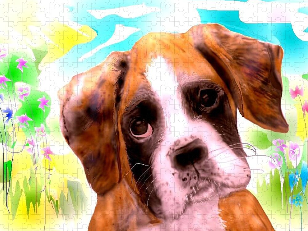Pencil Sketched Boxer Puppy Resting After A Romp In The Meadow. Jigsaw Puzzle featuring the mixed media Just another Blossom. by Pamela Calhoun