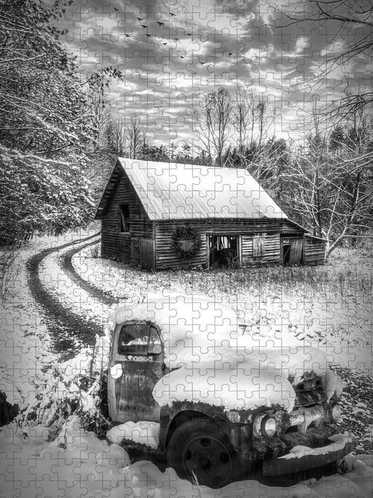 Barns Jigsaw Puzzle featuring the photograph Just Before Christmas Snowfall in Black and White  by Debra and Dave Vanderlaan