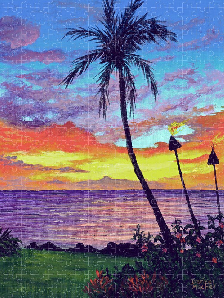 Sunset Jigsaw Puzzle featuring the painting Kaanapali Tiki Torches by Darice Machel McGuire