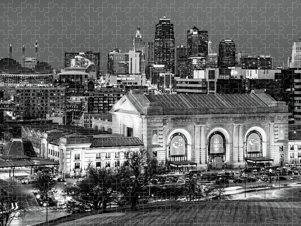 Kansas City Chiefs Jigsaw Puzzle featuring the photograph Kansas City Championship Skyline in Black and White by Gregory Ballos