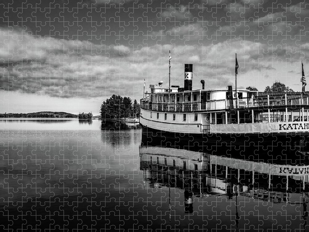 Katahdin Boat Reflection Black And White Jigsaw Puzzle featuring the photograph Katahdin Steamboat Reflection Black And White by Dan Sproul