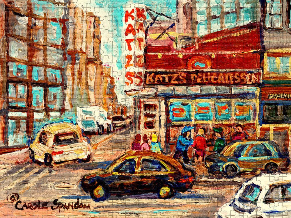 Katz's Deli Jigsaw Puzzle featuring the painting Katzs Delicatessen Famous New York Sandwich Shops Paintings Best Manhattan Eateries C Spandau Artist by Carole Spandau