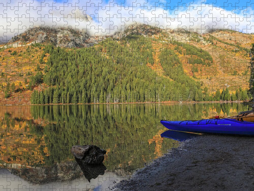 Kayaks On String Lake Jigsaw Puzzle featuring the photograph Kayaks On String Lake by Dan Sproul