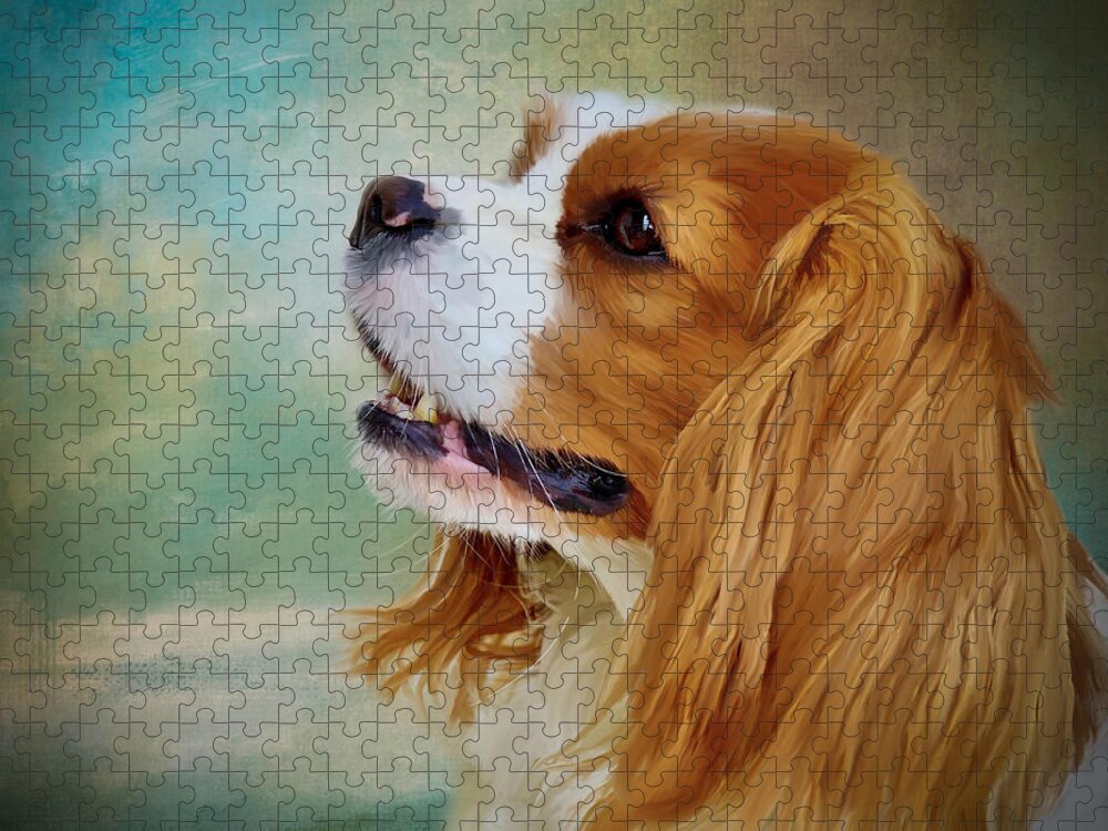 Cavalier King Charles Spaniel Jigsaw Puzzle featuring the mixed media King Charles Spaniel in Springtime by Kathy Kelly