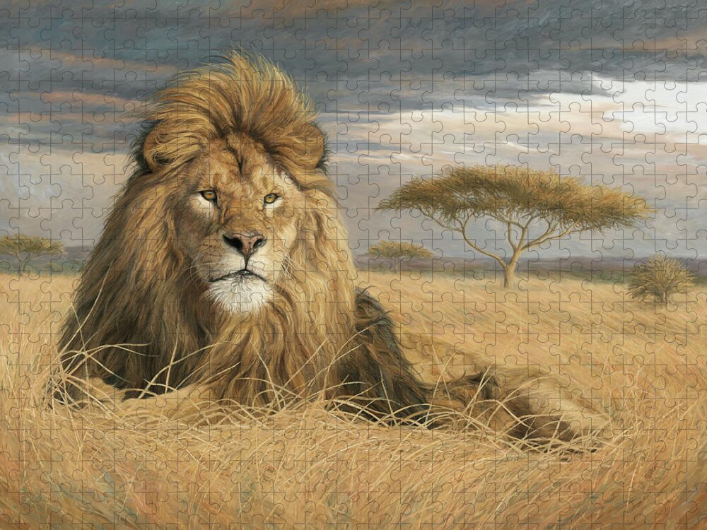 Lion Jigsaw Puzzle featuring the painting King Of The Pride by Lucie Bilodeau