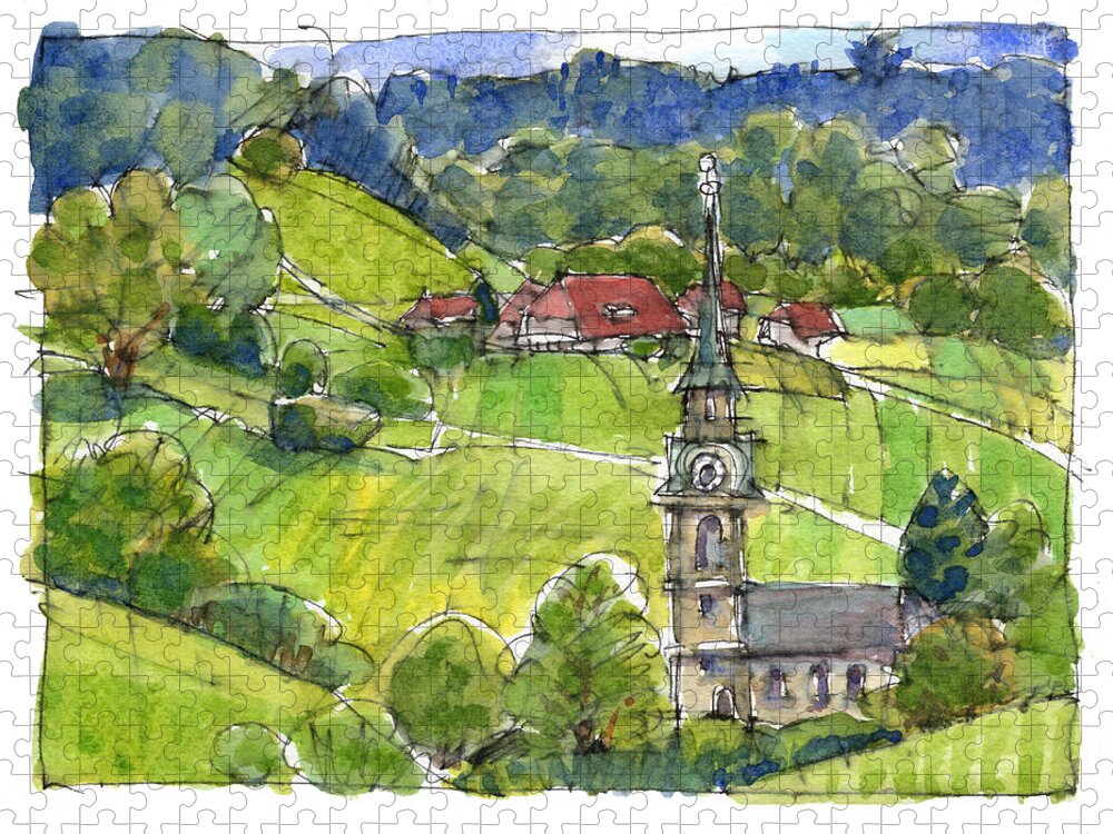 Landscape Jigsaw Puzzle featuring the painting Kirche in Heimiswil by Judith Kunzle