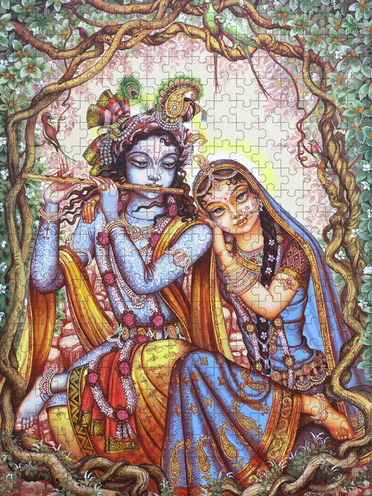 Krishna Jigsaw Puzzle featuring the painting Kishor Kishori by Vrindavan Das