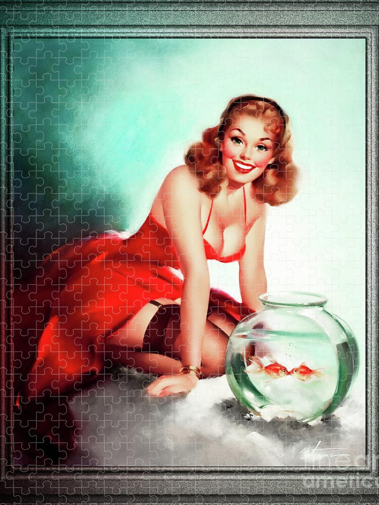 Kissing Fish Jigsaw Puzzle featuring the painting Kissing Fish by Edward Runci Vintage Pin-Up Girl Art by Xzendor7