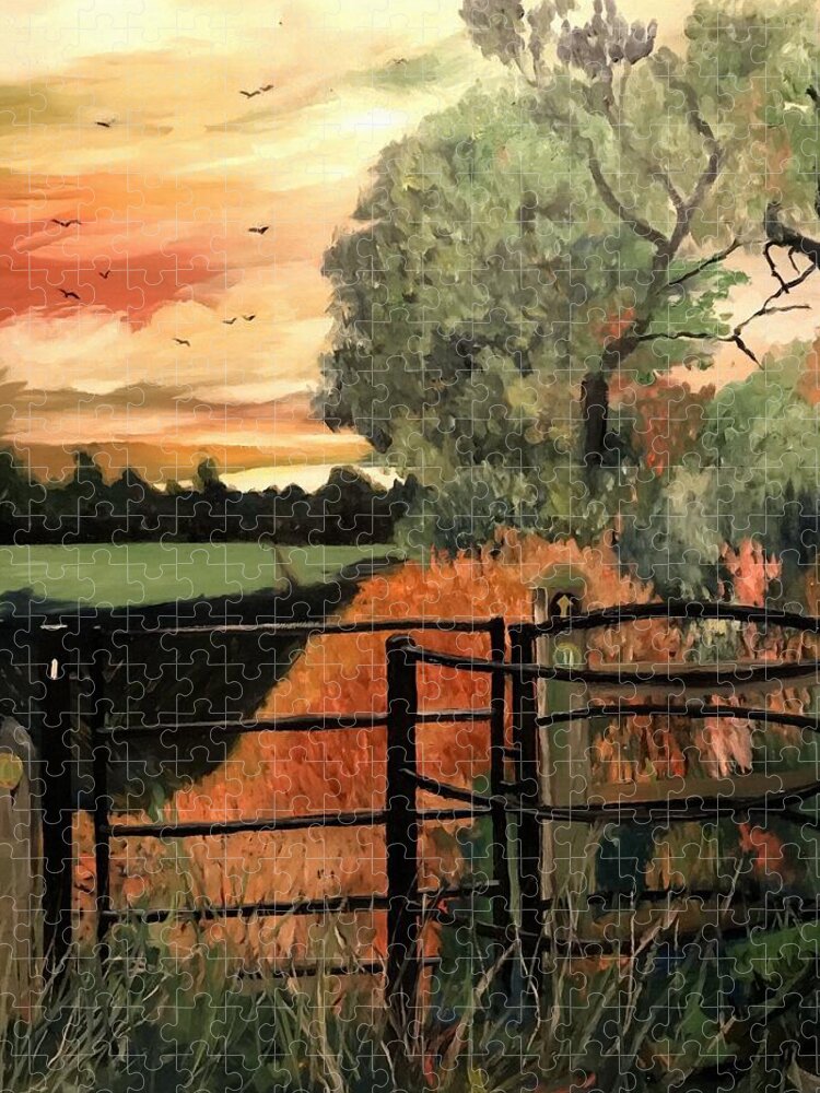 Kissing Gate Jigsaw Puzzle featuring the painting Kissing Gate in Autumns Glow by Abbie Shores
