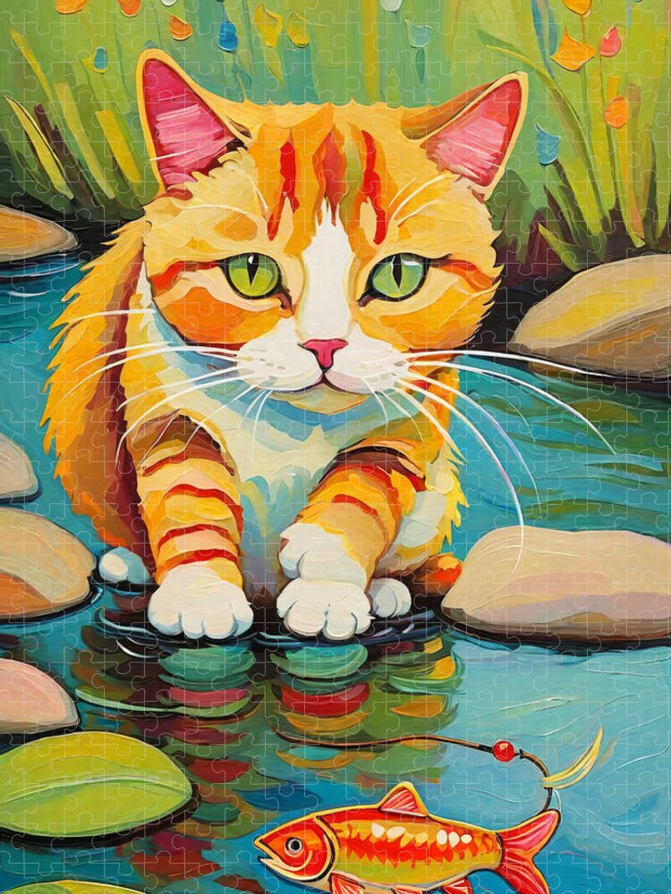Cat Jigsaw Puzzle featuring the painting Kitten goes fishing by My Head Cinema
