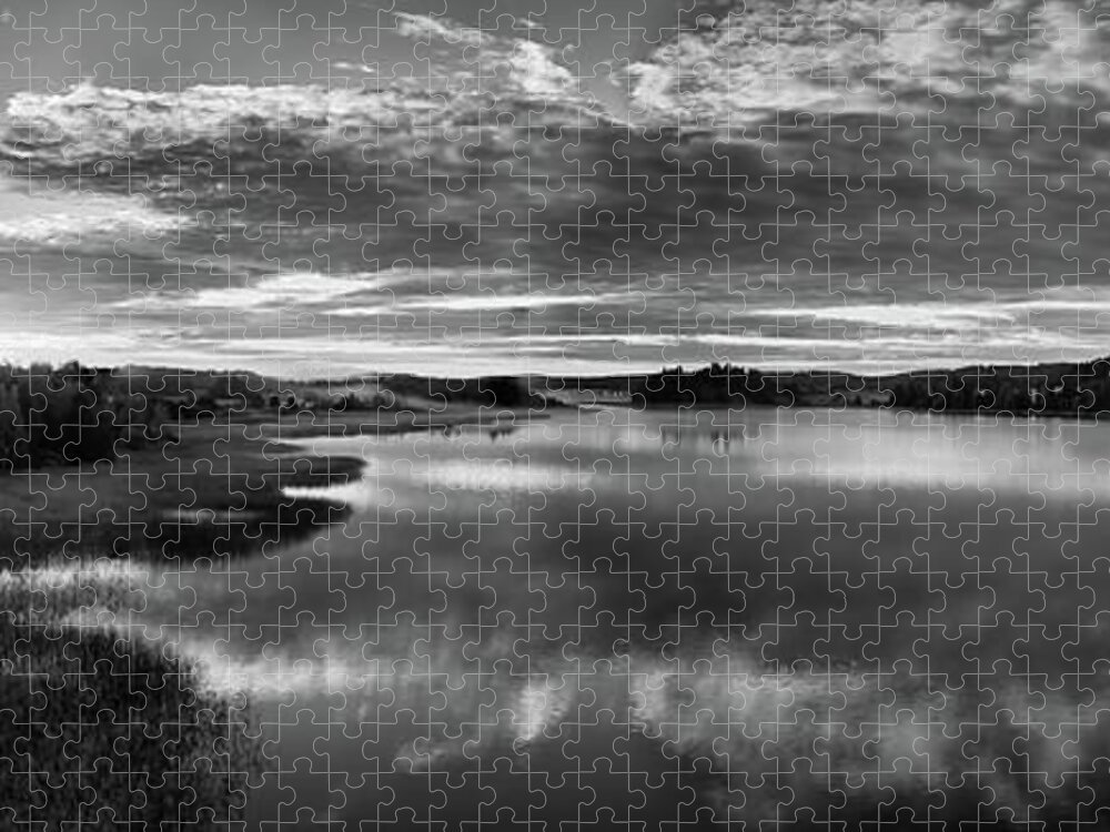 Finland Jigsaw Puzzle featuring the photograph Knuutila Riverside Panorama bw by Jouko Lehto