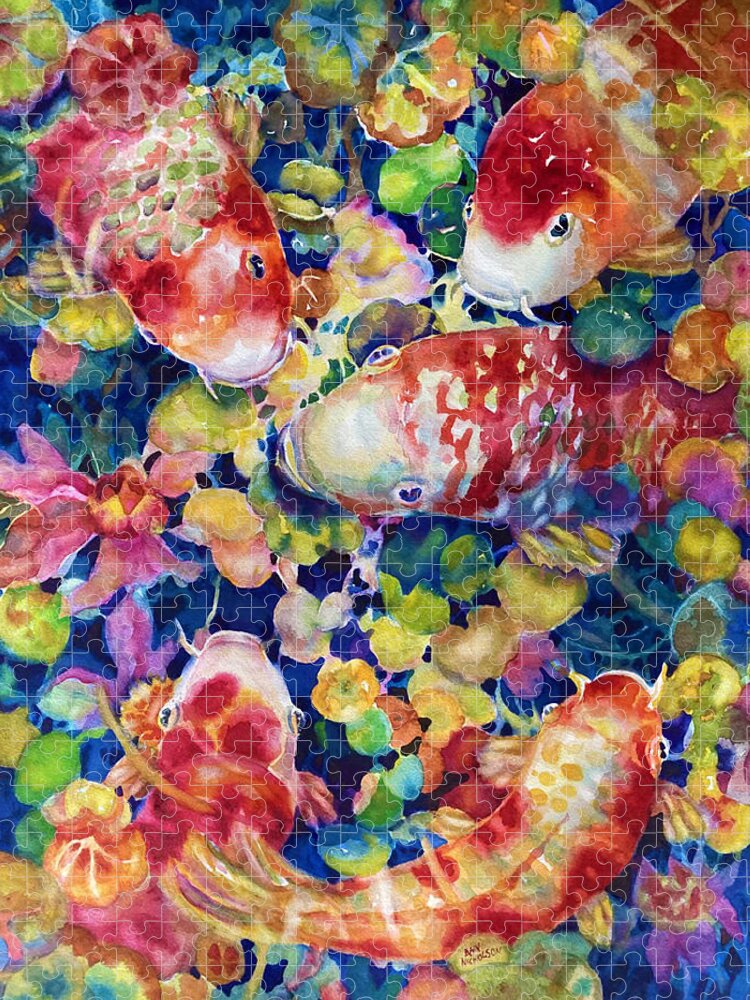 Koi Fish Jigsaw Puzzle featuring the painting Koi Garden II by Ann Nicholson