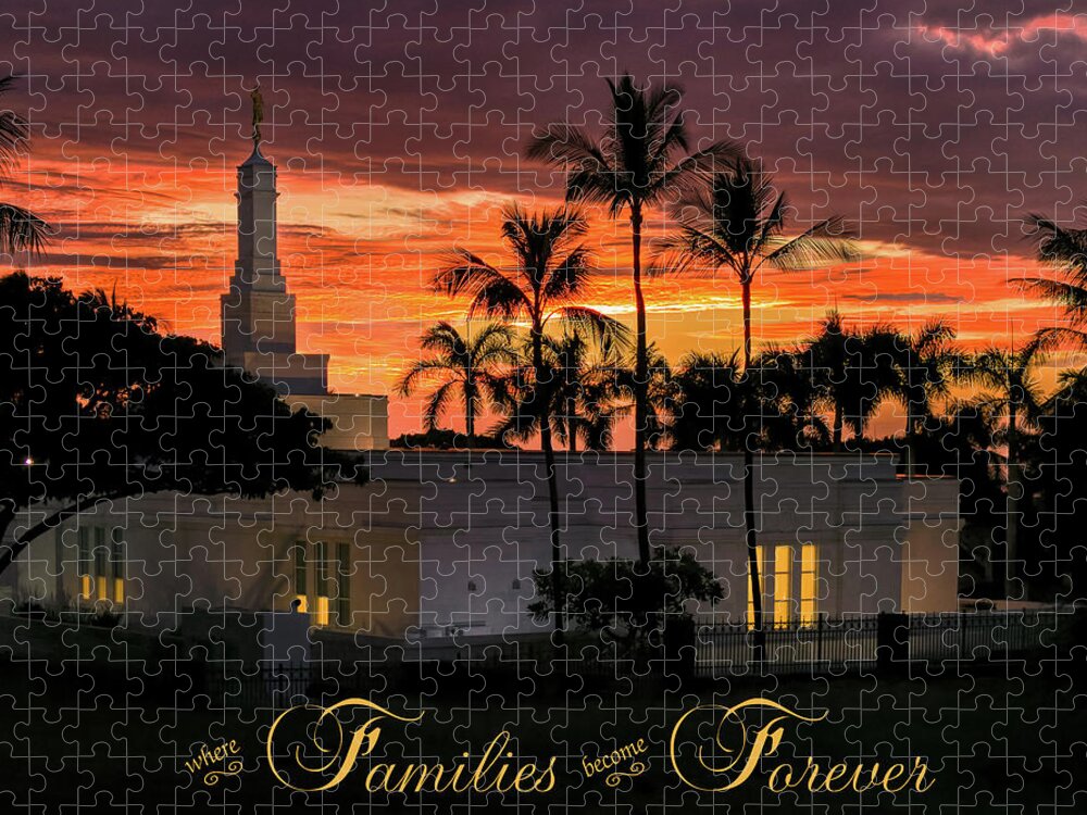Temple Jigsaw Puzzle featuring the photograph Kona HI Temple-Families Forever Sunset by Denise Bird