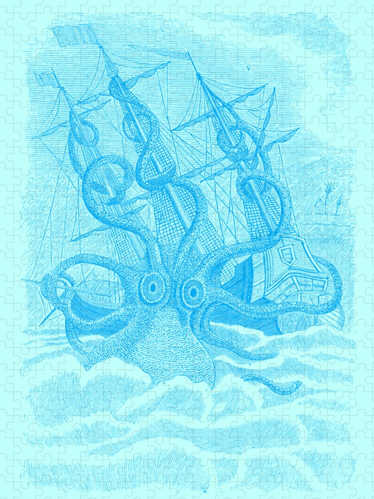 Kraken Jigsaw Puzzle featuring the digital art Kraken With Shipwreck by Madame Memento