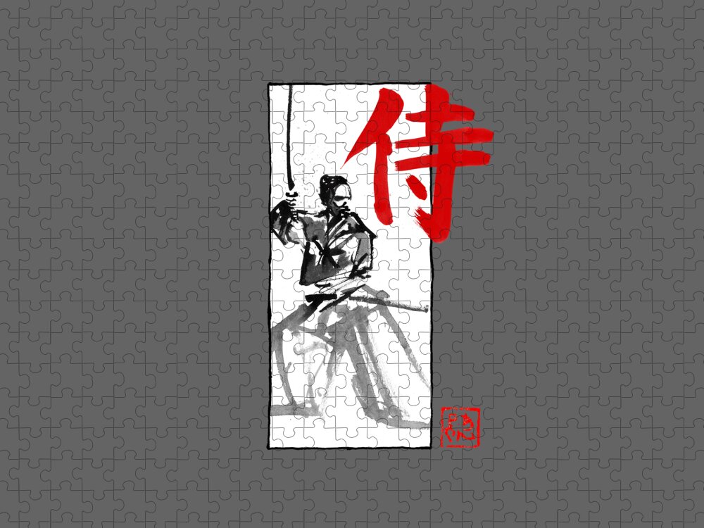 Sumie Jigsaw Puzzle featuring the drawing Kumitate Samurai 03 by Pechane Sumie