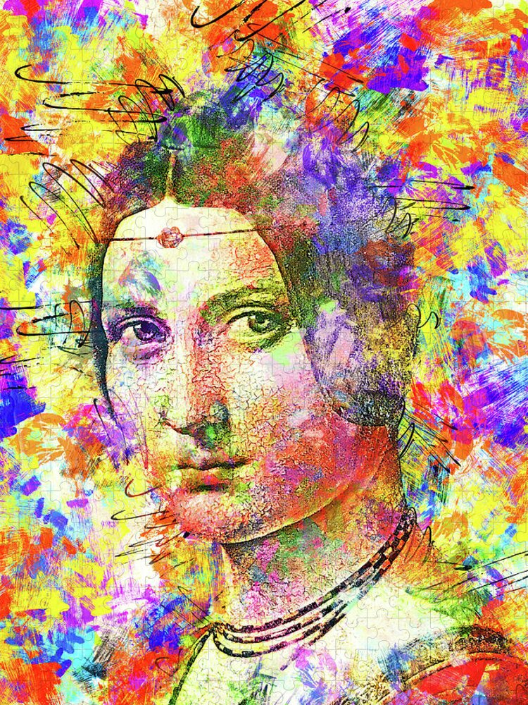 La Belle Ferronnière Jigsaw Puzzle featuring the digital art La Belle Ferronniere by Leonardo da Vinci - colorful portrait by Nicko Prints