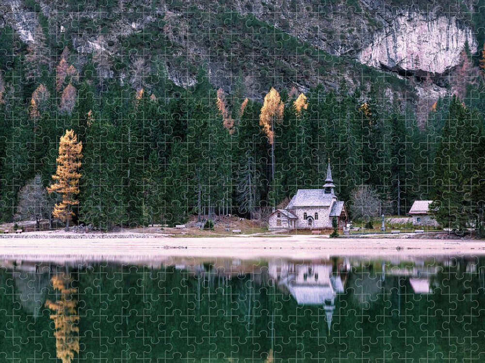 Lago Di Braies Jigsaw Puzzle featuring the photograph La cappella di lago Braies by Elias Pentikis