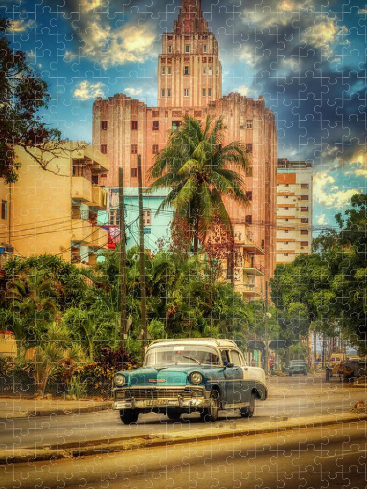 Pink And Blue Jigsaw Puzzle featuring the photograph La Colonial Tower, Havana, Cuba by Micah Offman