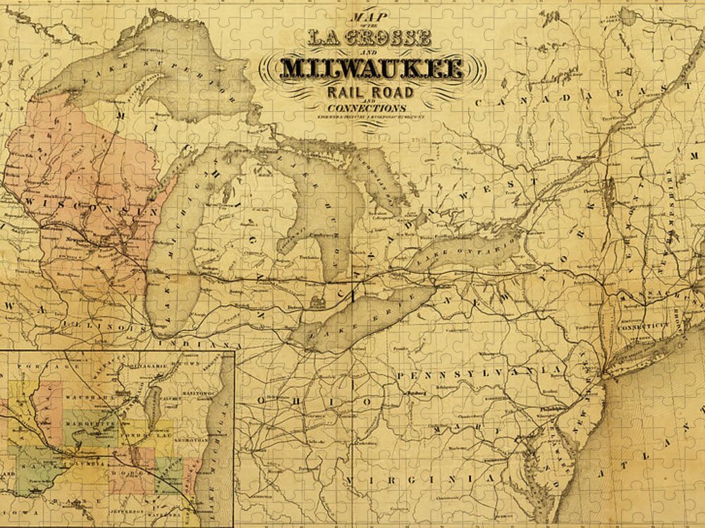 Rails Jigsaw Puzzle featuring the drawing La Crosse and Milwaukee Rail Road 1855 by Vintage Maps