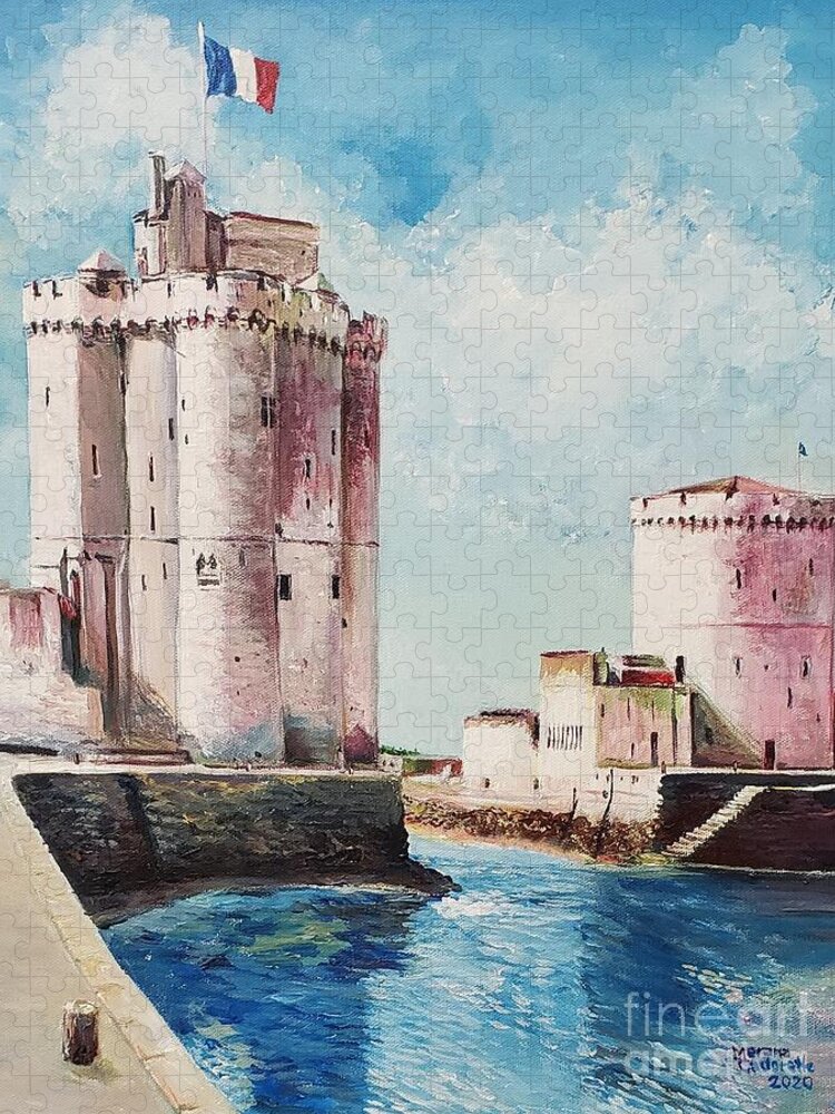 Landscape Jigsaw Puzzle featuring the painting La Rochelle Towers by Merana Cadorette