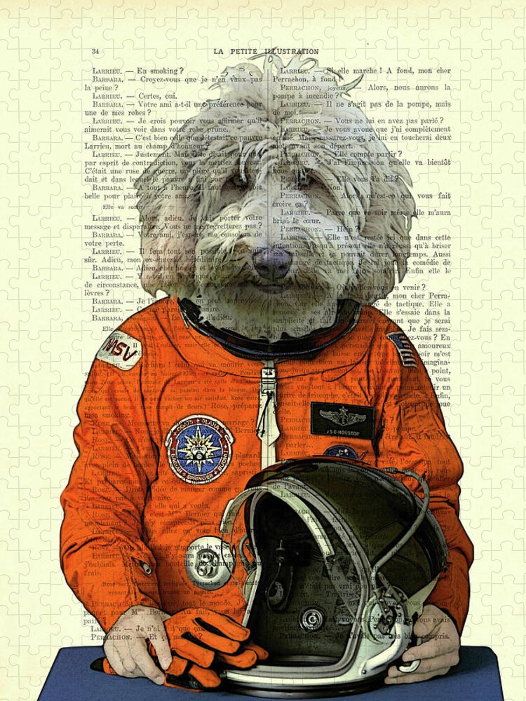 Space Themed Jigsaw Puzzle featuring the mixed media Labradoodle astronaut, space animal dictionary art print by Madame Memento