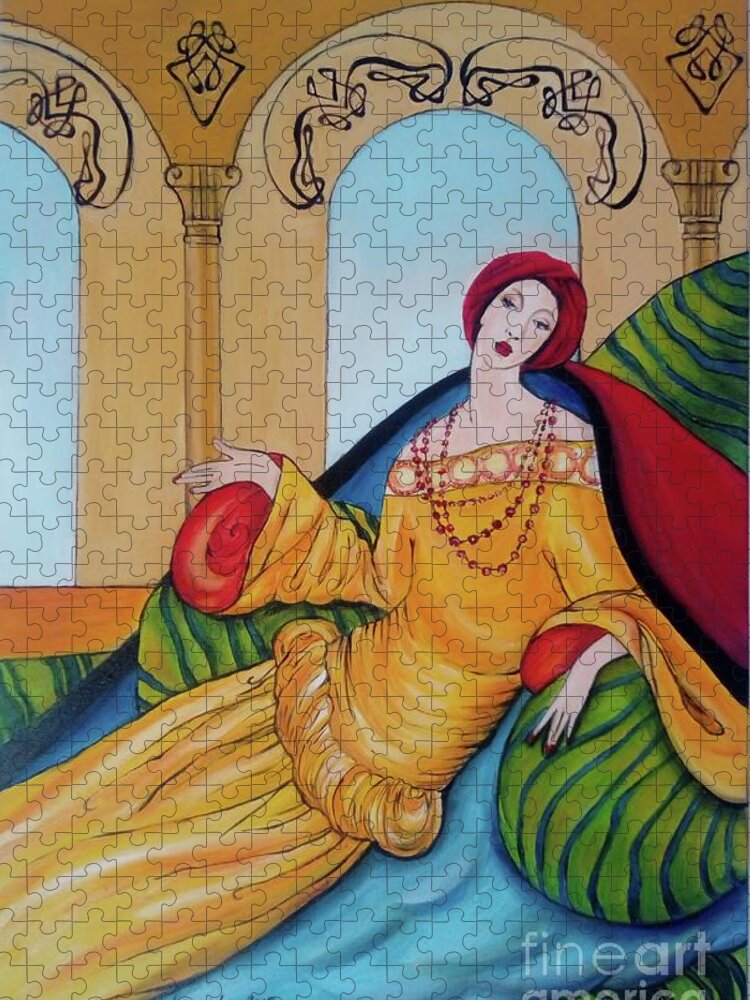 Lady Jigsaw Puzzle featuring the painting Lady in Pillows by Leonida Arte