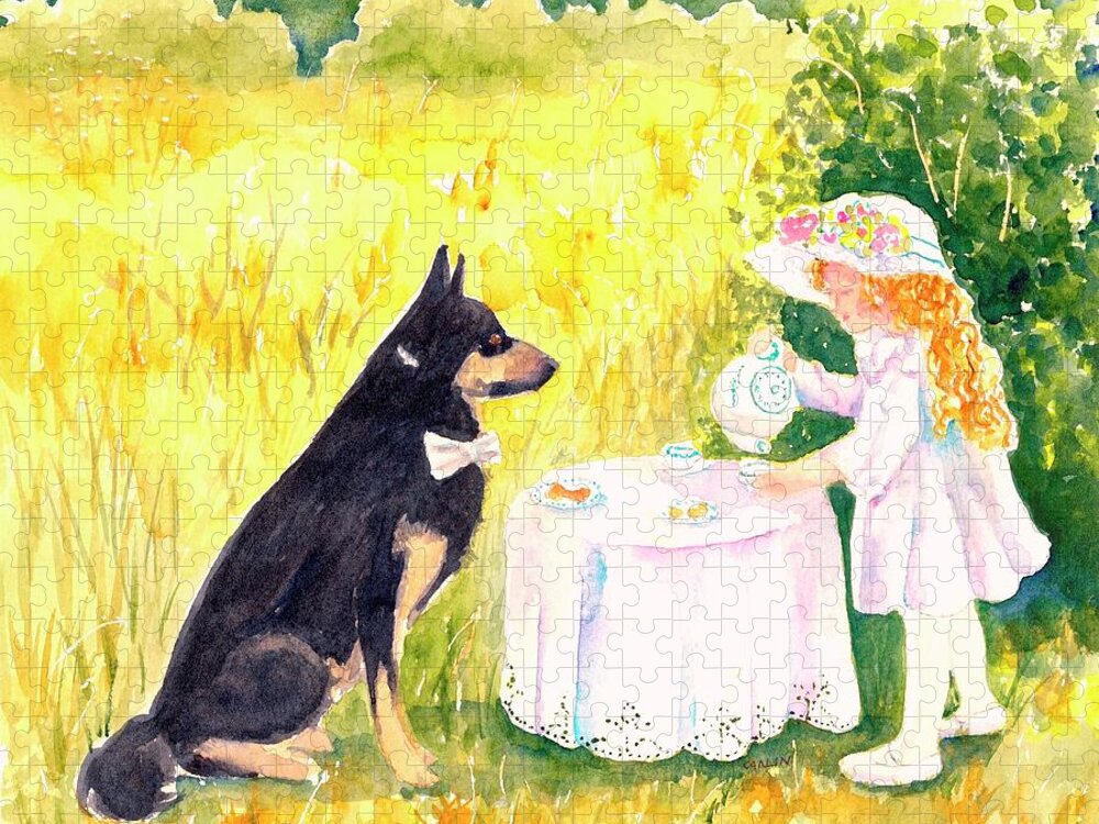 Tea Party Jigsaw Puzzle featuring the painting Lady Isabella invites Mr. Darcy to Tea by Carlin Blahnik CarlinArtWatercolor