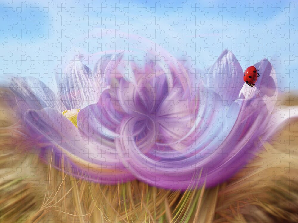 Crocus Jigsaw Puzzle featuring the photograph Ladybug Trippin at the Crocus Cafe - abstract rendition of ND prairie crocus with ladybug by Peter Herman