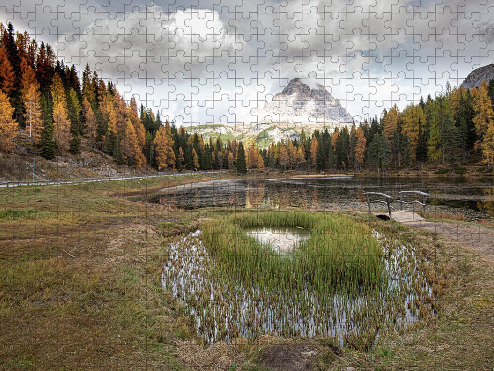 Lago Di Antorno Jigsaw Puzzle featuring the photograph Lago di antorno lake and Tre cime di lavadero mountain reflection in autumn. Forest landscape South tyrol Italy by Michalakis Ppalis