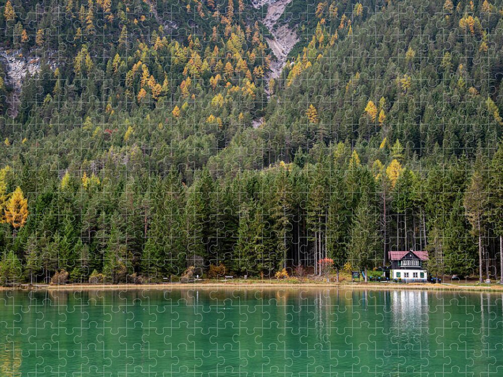 Italy Jigsaw Puzzle featuring the photograph House in the lake and forest. Lago di dobbiaco lake. Italian aps by Michalakis Ppalis