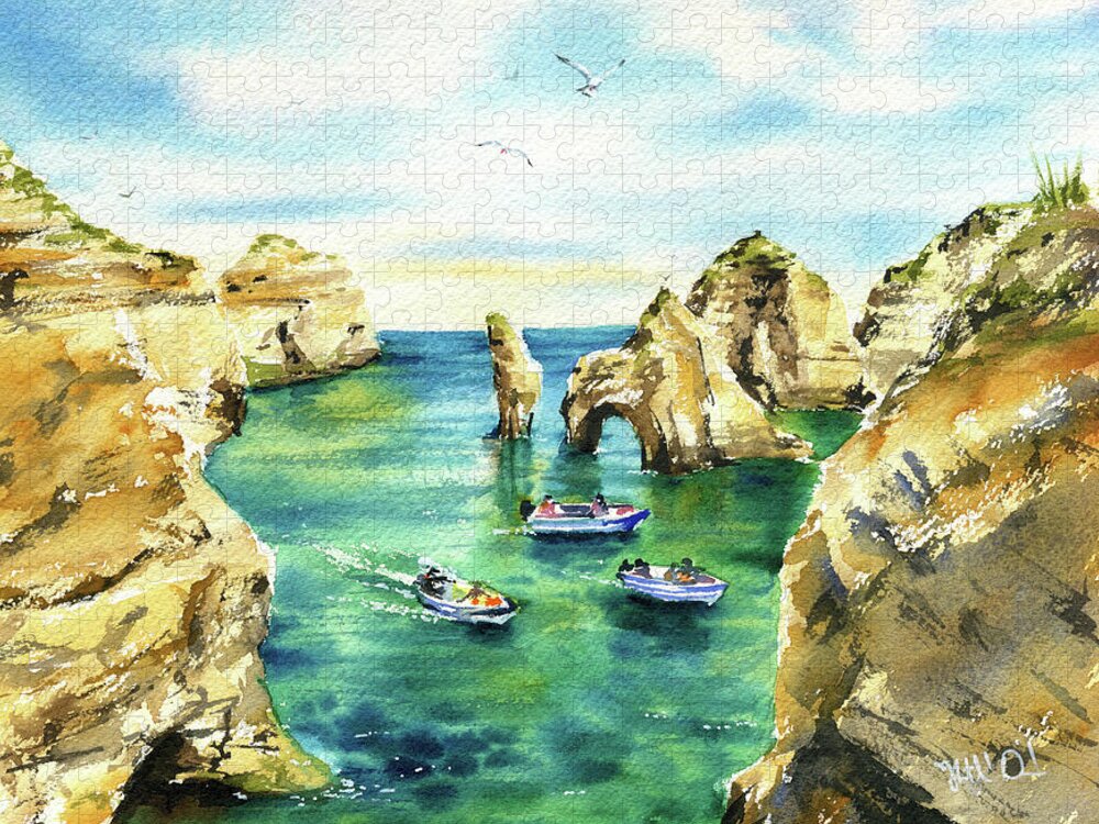 Portugal Jigsaw Puzzle featuring the painting Lagos Algarve Ponta Da Piedade by Dora Hathazi Mendes