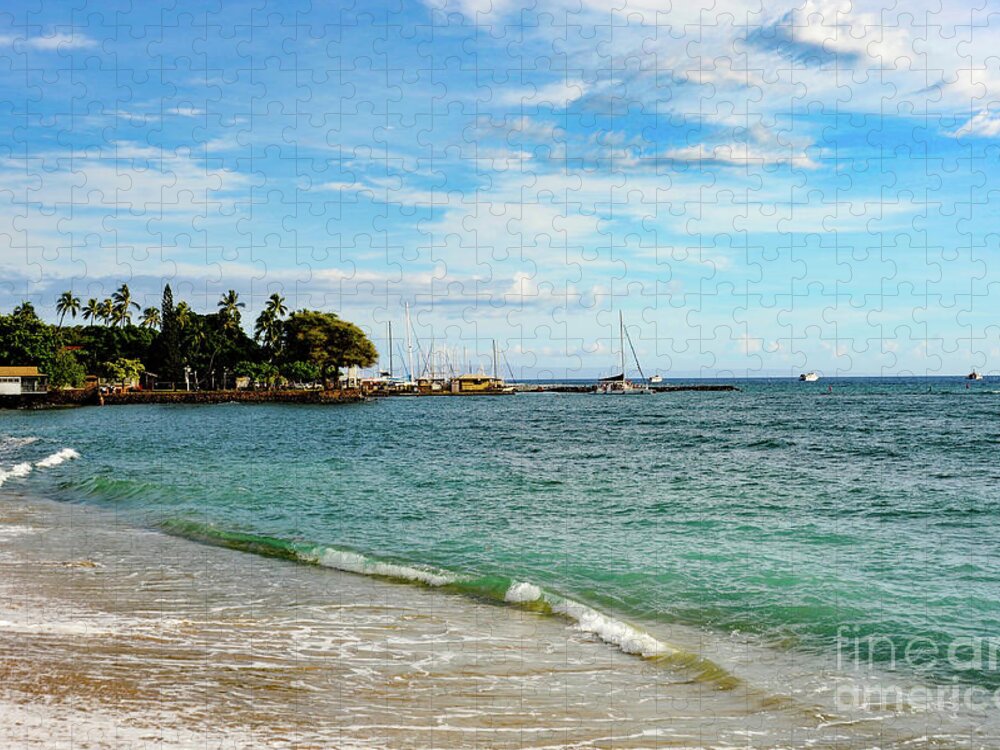 Maui Jigsaw Puzzle featuring the photograph Lahaina Yacht Harbor in the distance on the beach in front of the town of Lahaina, Maui, Hawaii. by Gunther Allen