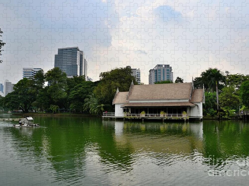 Lake Jigsaw Puzzle featuring the photograph Lake and house with skyline at Lumphini Park Bangkok Thailand by Imran Ahmed