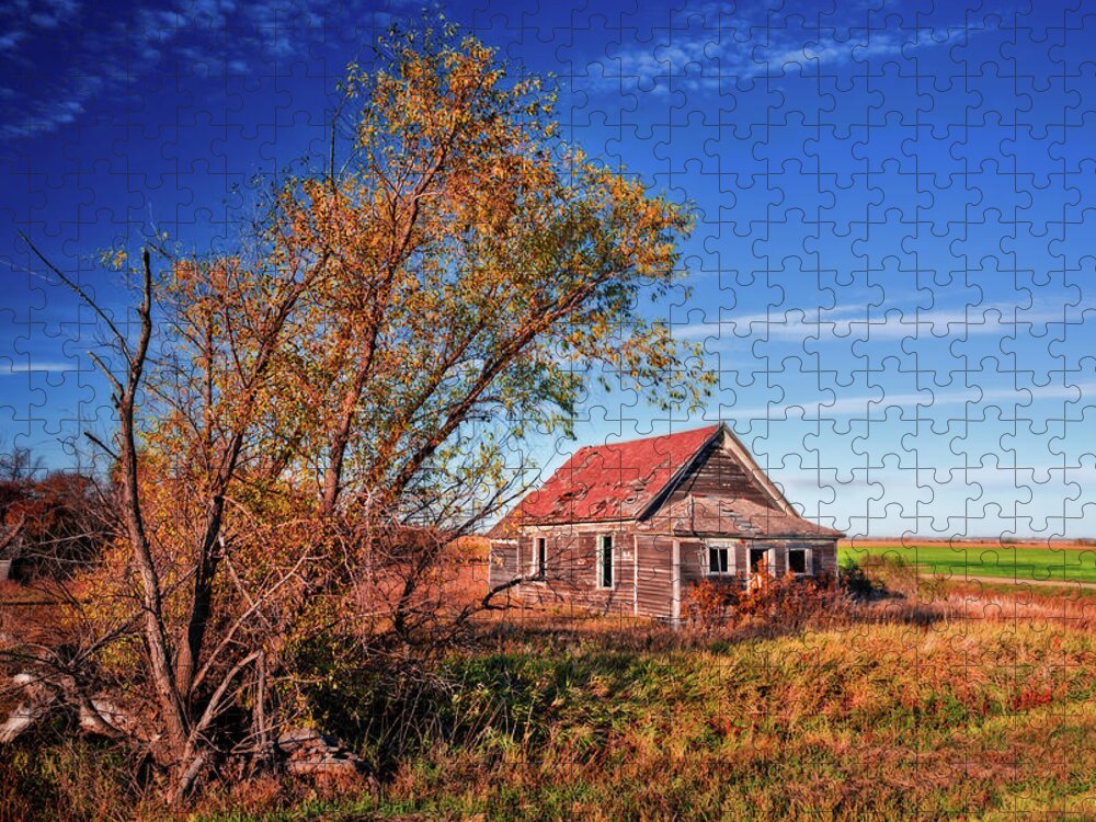 Lake Ibsen Jigsaw Puzzle featuring the photograph Lake Ibsen Schoolhouse number 1 - Benson County ND by Peter Herman